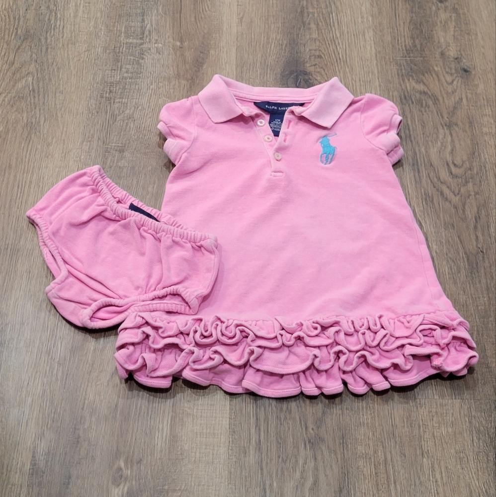 RALPH LAUREN Pink Polo Ruffle Dress with Turquoise Logo, 12 month